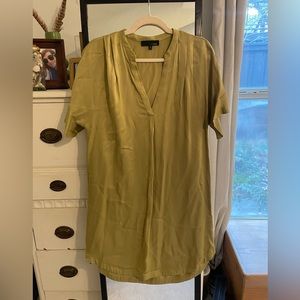 Lost April Olive Green Silky Frill-Sleeve Shift Dress